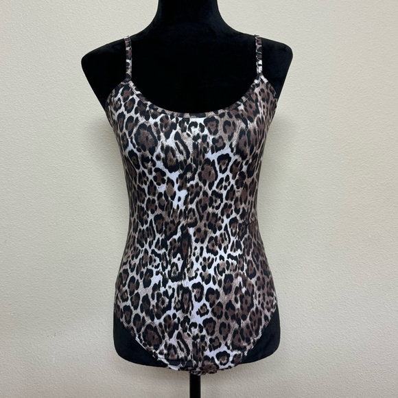 Socialite top women small leopard print spaghetti strap bodysuit brown - Picture 1 of 8